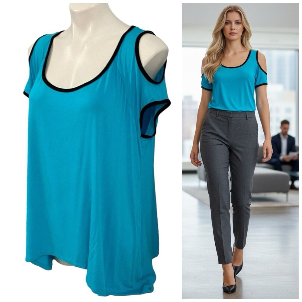 Bisou Bisou Top Womens XL Blue Cold Shoulder Knit Shirt Work Office Casual Coast